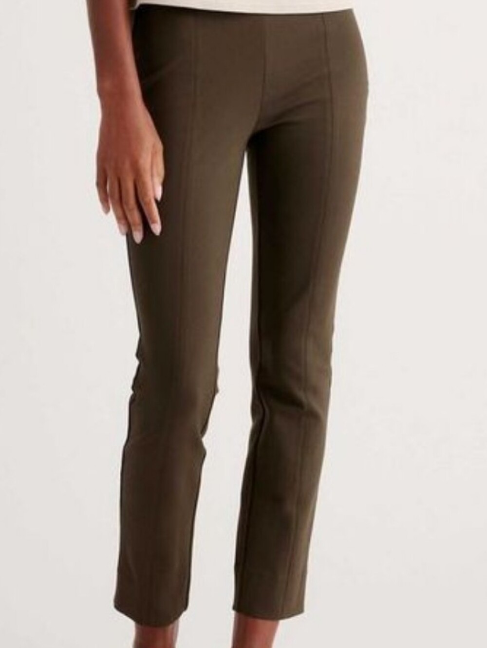 Quince Ultra-Stretch Ponte Pintuck Ankle Pants  In Olive Green Size M
